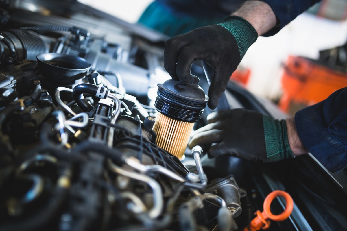 mechanic putting filter into car